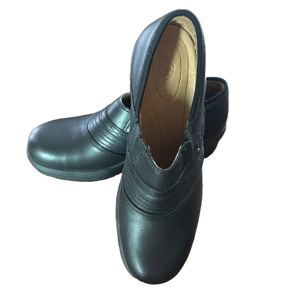 Women's Ariat Steel Toe Safety Clogs Black Leather Slip On Shoes 10B Excellent